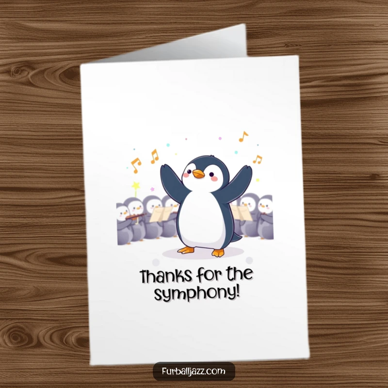 Funny Free Printable Thank You Card: Penguin directing an orchestra with great flair, showing appreciation. A charming downloadable.