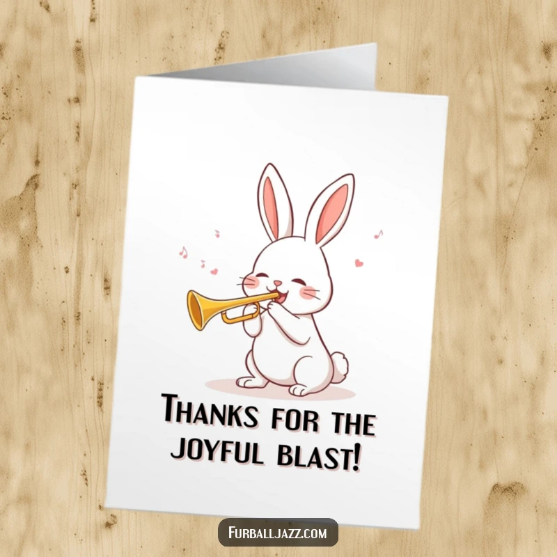 Funny Free Printable Thank You Card: A rabbit blows a cheerful tune on a trumpet, sending thanks with enthusiasm.