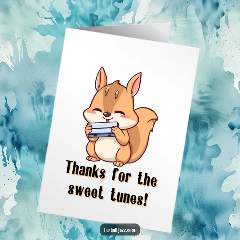 Funny Free Printable Thank You Card: A happy squirrel intensely concentrates on playing its tiny harmonica, conveying thanks with quirky charm.
