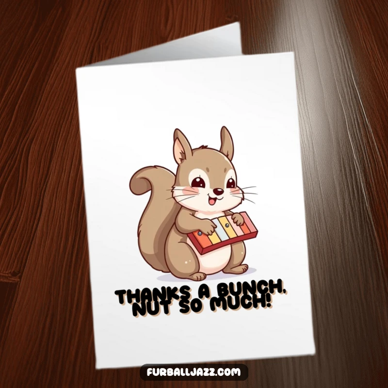 Funny Free Printable Thank You Card: A squirrel plays a xylophone, sending musical gratitude and a cheerful thank you.