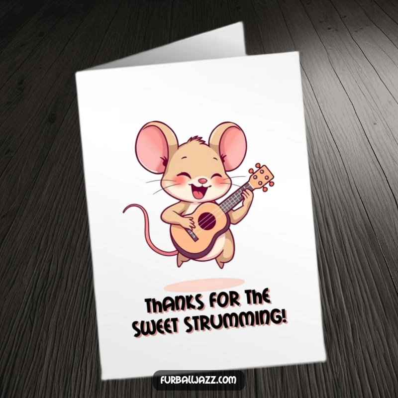 Funny Free Printable Thank You Card: A perky mouse strums a ukulele, offering a cheerful musical thank you note.