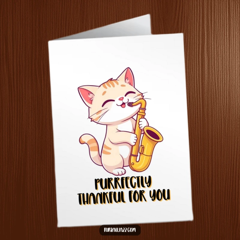 Funny Free Printable Thank You Card: A cat with a saxophone, a unique downloadable way to express thanks with style.