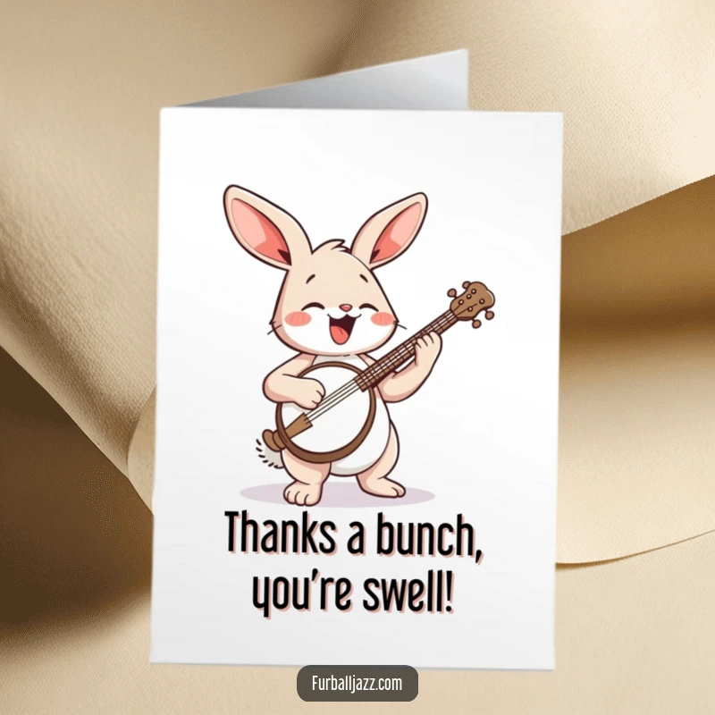 Funny Free Printable Thank You Card: Cheerful rabbit strumming a banjo, expressing thanks with musical joy. A unique downloadable.