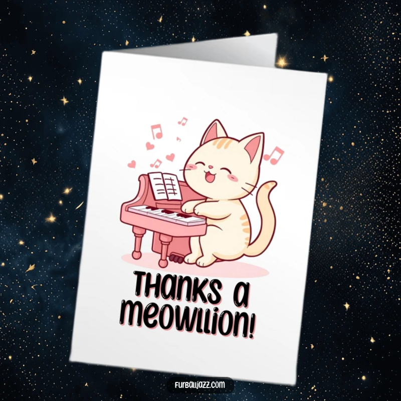 Funny Free Printable Thank You Card showing a cat pianist composing a grateful tune, a sweet downloadable gift.