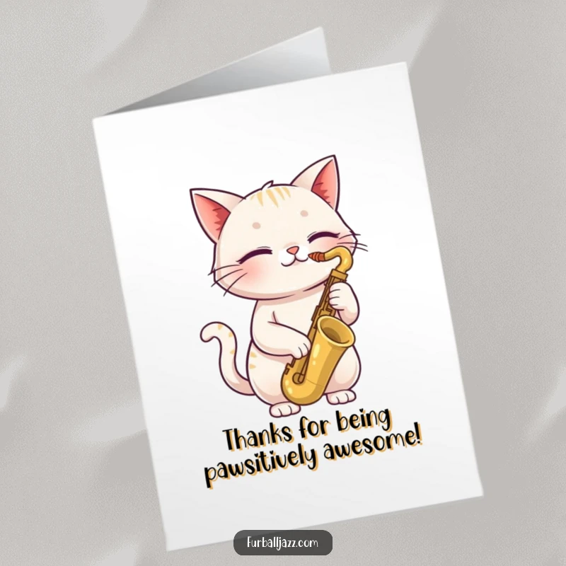 Free printable thank you card with a content cat playing a saxophone, eyes closed, sending musical thanks.