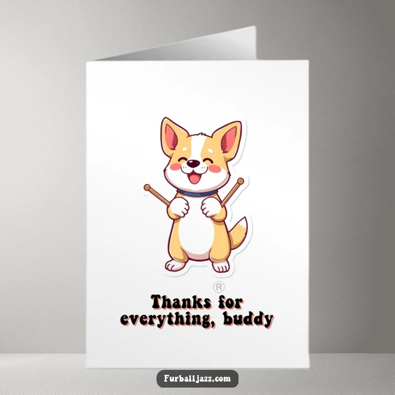 Funny Free Printable Thank You Card: A dog tapping drumsticks on its paw, a unique downloadable way to express gratitude.