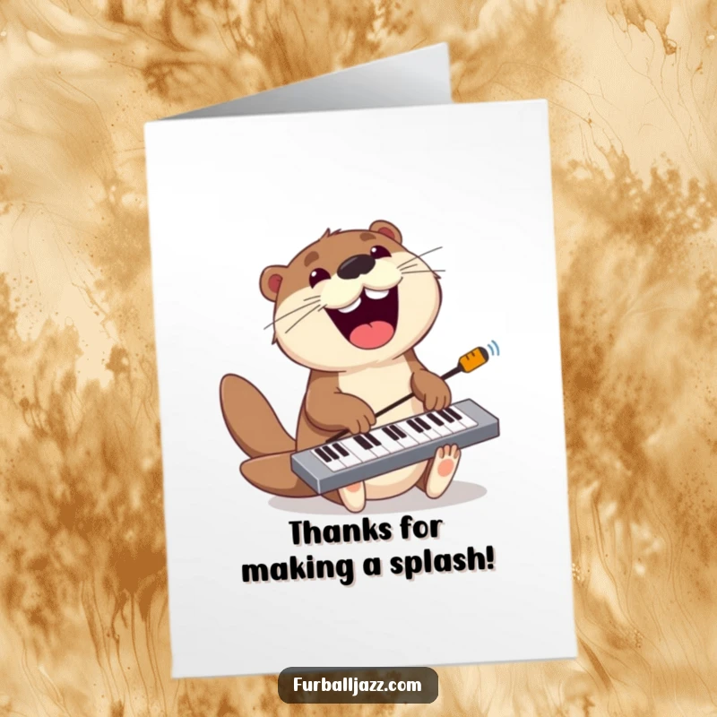 Funny Free Printable Thank You Card: A playful otter grins widely while jamming on a keyboard, conveying thanks with cheerful musicality.