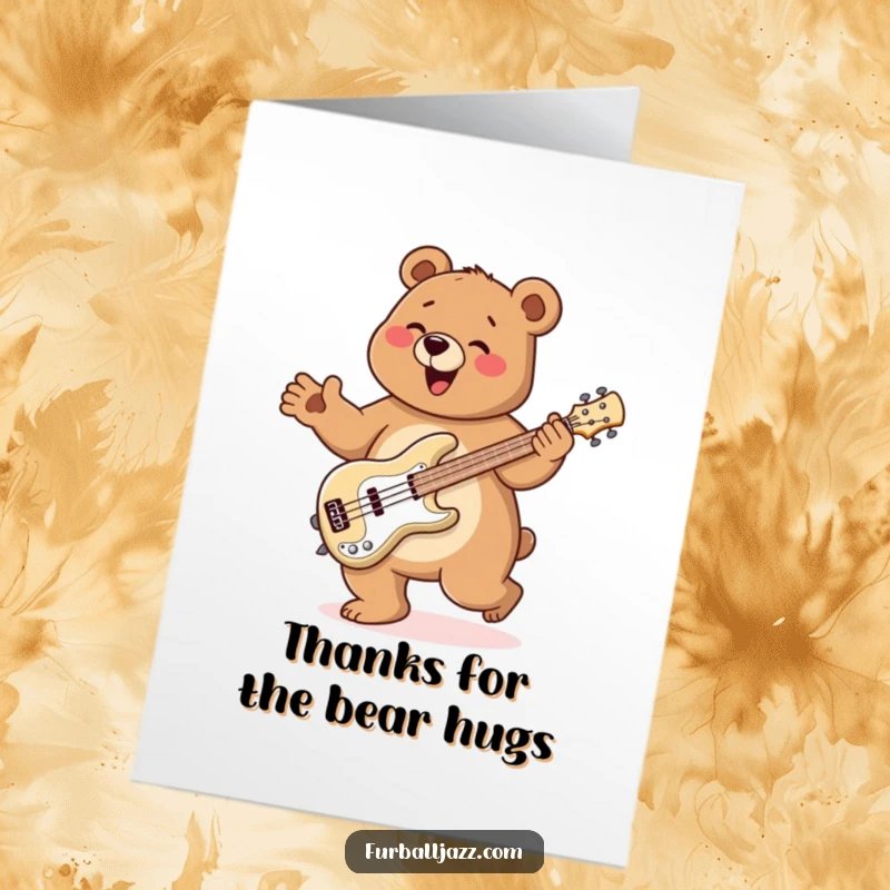 Funny Free Printable Thank You Card: Bear playing bass guitar with a happy jig, expressing thanks, a downloadable gift.