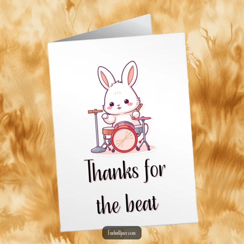 Funny Free Printable Thank You Card: Fluffy rabbit drumming tunes to express gratitude, print at home art.