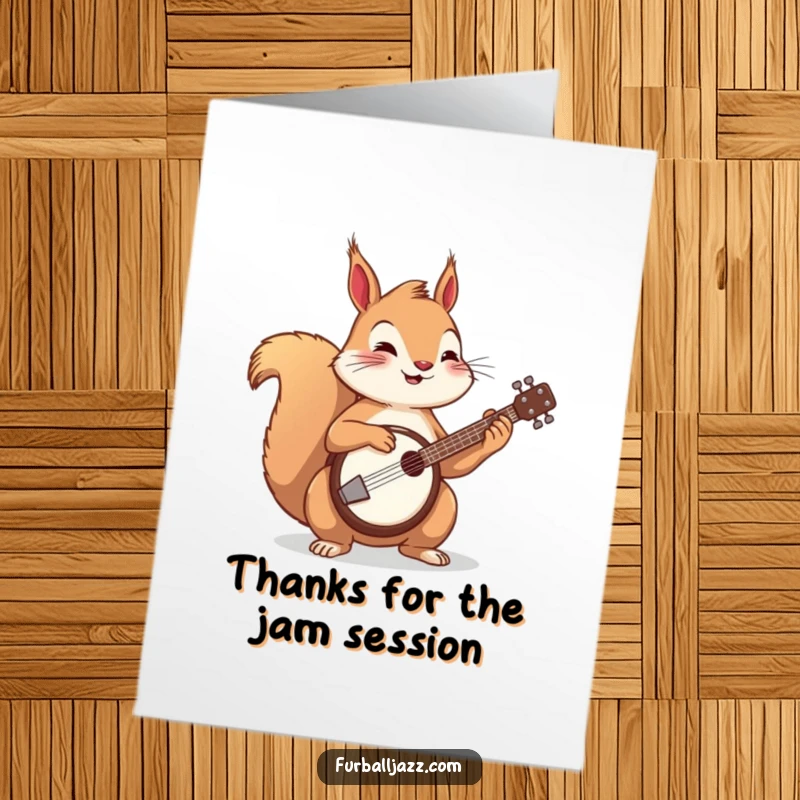 Funny free printable thank you card: A happy squirrel playing a banjo, representing a cheerful and heartfelt thank you.