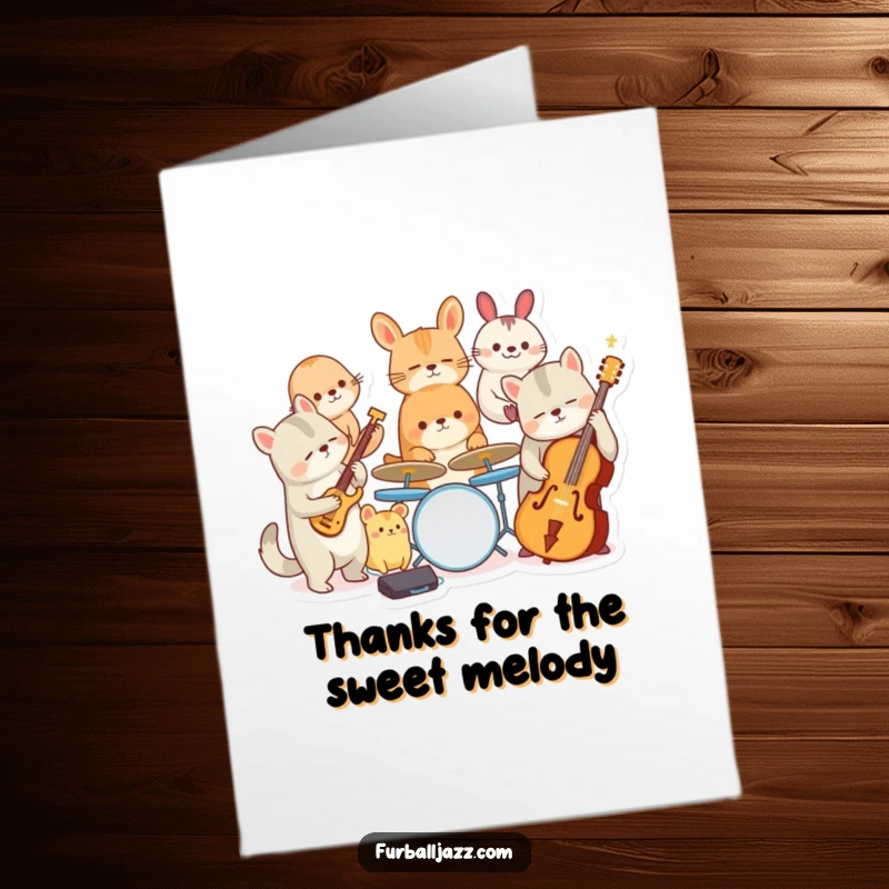Funny Free Printable Thank You Card: A quirky animal jazz band jams out a thankful tune, bringing smiles.