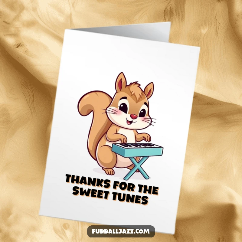 Funny Free Printable Squirrel Thank You Card: An energetic squirrel playing a tiny piano to express thanks.