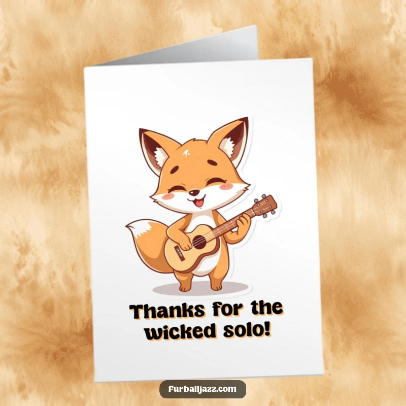 Funny Free Printable Thank You Card of a gleeful fox character strumming a tiny guitar, conveying happy gratitude.