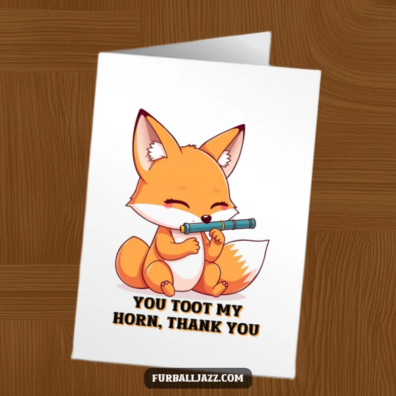 Funny Free Printable thank you card depicting a dramatic fox playing a clarinet, great for a downloadable DIY gift of thanks.