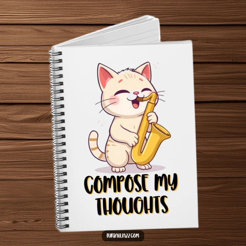 Funny Cat Saxophone Notebook with a joyful cat with a tilted head playing a saxophone, ideal for jotting down musical ideas or notes.
