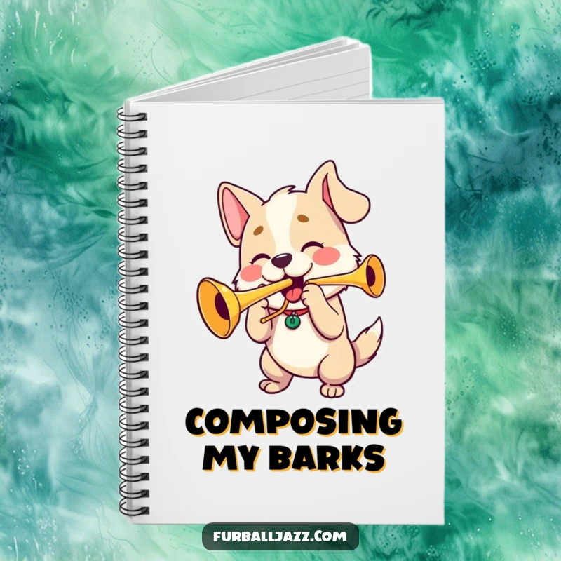 Funny dog character playing a trumpet with puffed cheeks, a funny notebook for creative minds.