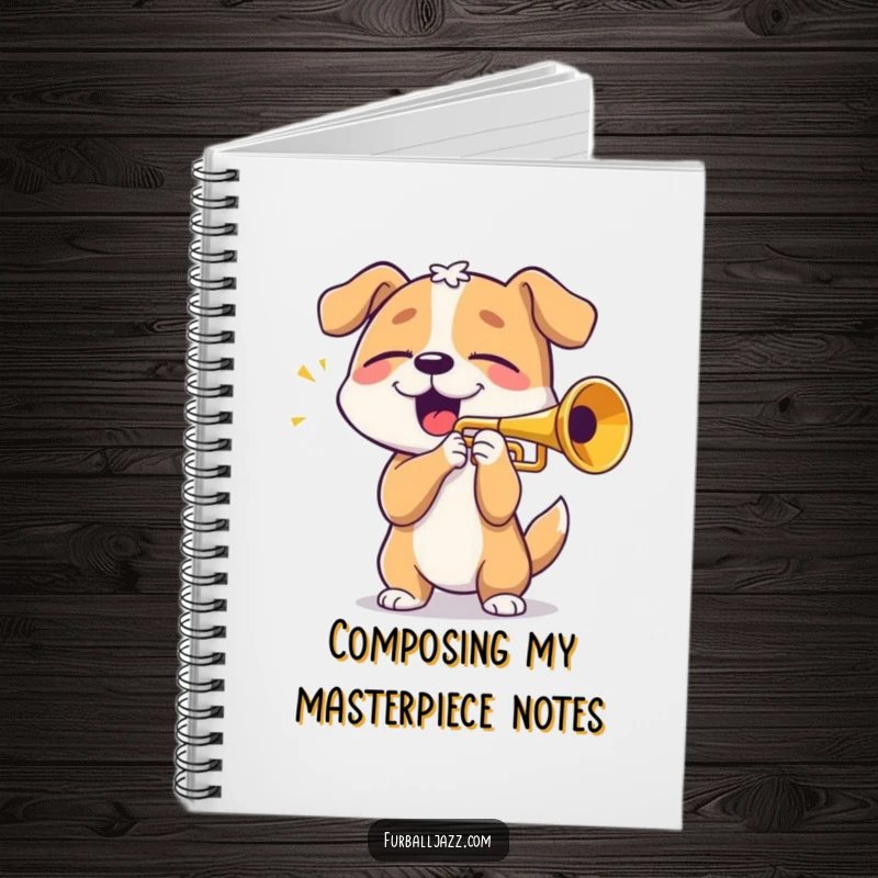 Funny dog playing trumpet with eyes closed in bliss, a creative notebook for musicians and dog lovers.