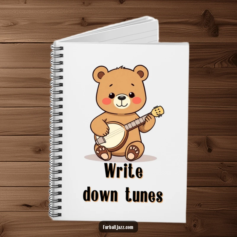 Funny Bear Banjo Notebook with a happy bear strumming a tiny banjo with pure joy, ideal for jotting down musical ideas or notes.