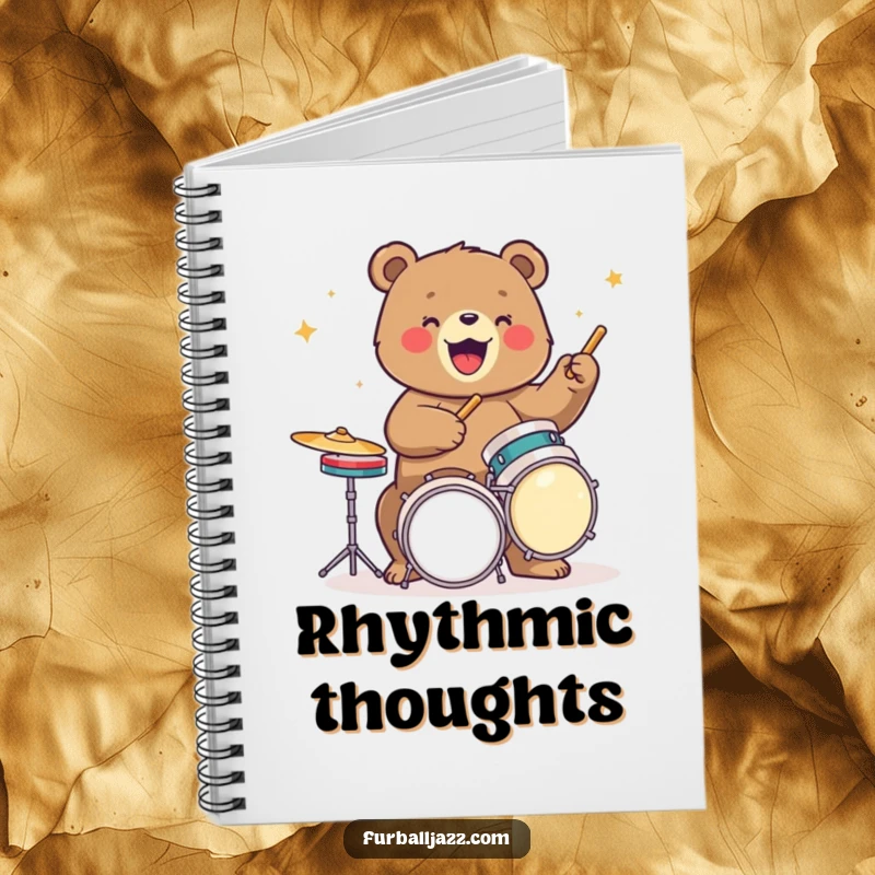 Funny bear notebook featuring a bear playing drums, ideal for writing down musical ideas, lyrics, or notes with a rhythmic twist.