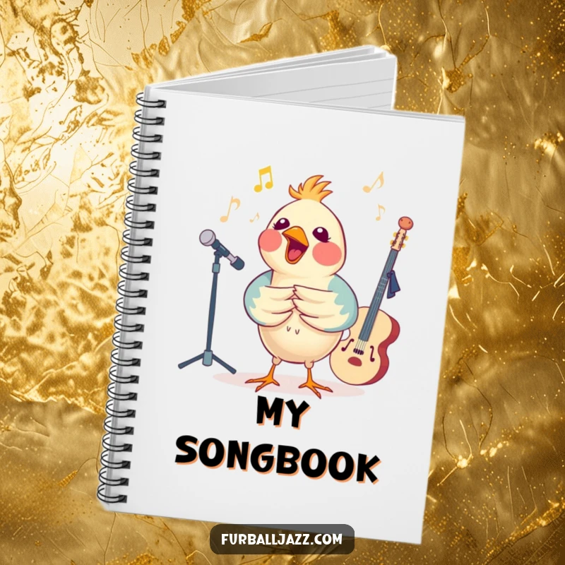 Funny bird singing with a jazz ensemble on the cover of a notebook, inspiring musical creativity.