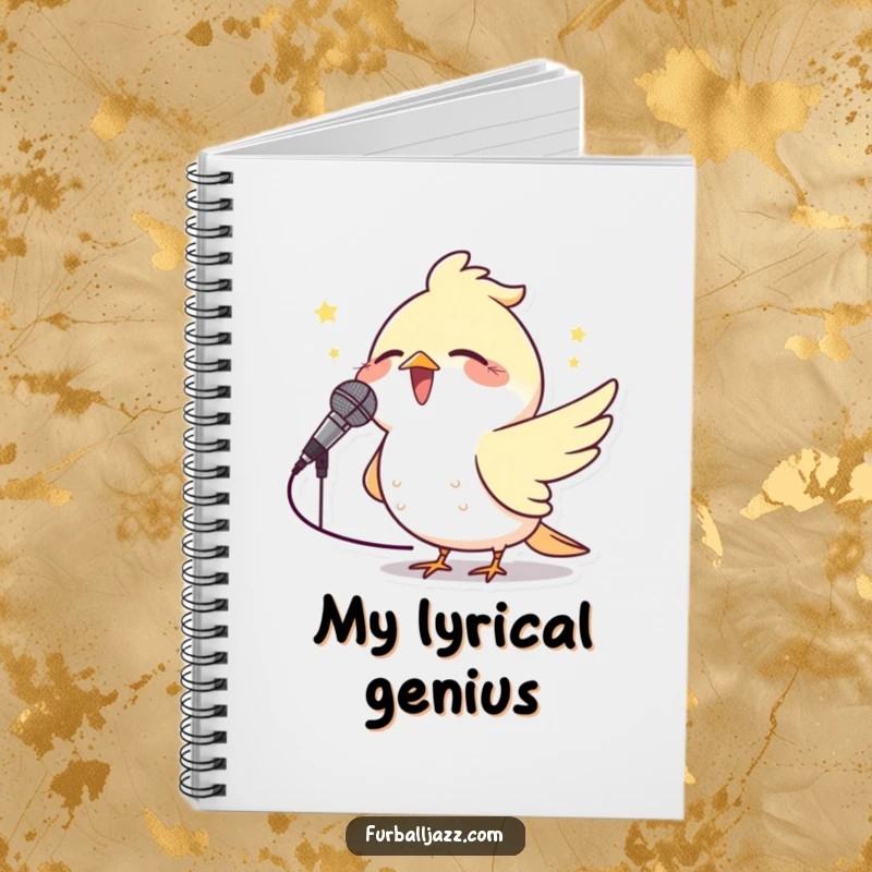 Funny Bird Microphone Notebook with a happy bird singing into a small microphone, perfect for jotting down lyrics and ideas.