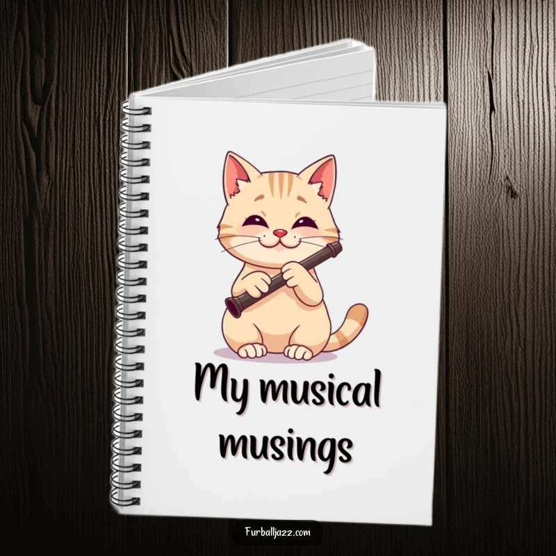 Funny cat notebook with a focused and happy cat playing a clarinet with a pleasant expression.