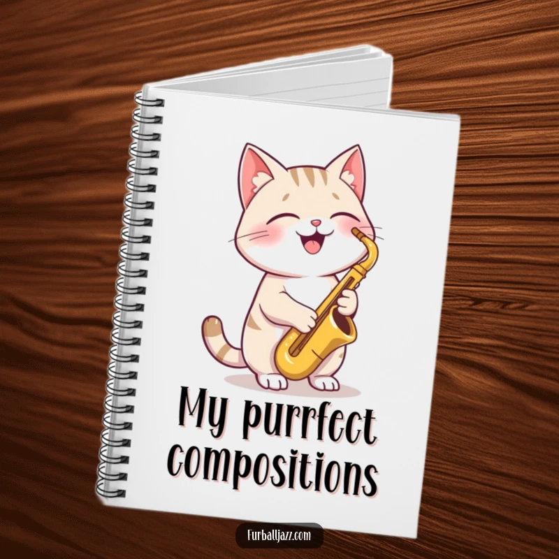 Funny Cat Saxophone Notebook cover featuring a joyful cat playing a saxophone, ideal for jotting down musical ideas or daily thoughts.