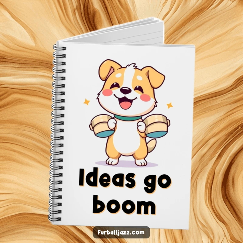 Funny dog character enthusiastically playing cymbals with a smile, ready to capture notes on a fun, funny notebook.