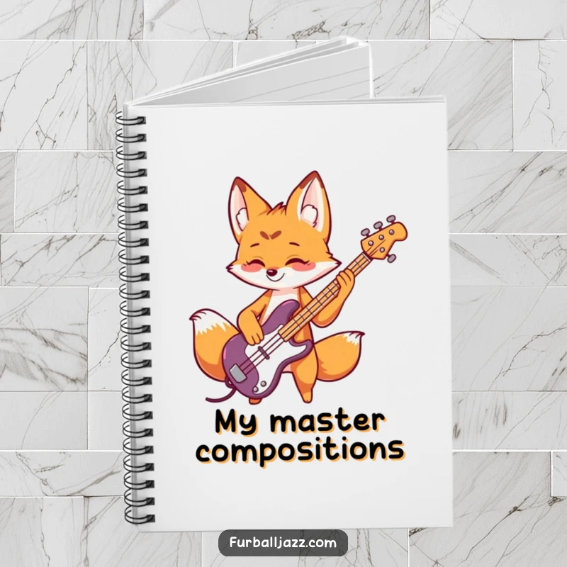 Funny fox notebook featuring a playful fox rocking a bass guitar, perfect for jotting down musical ideas.