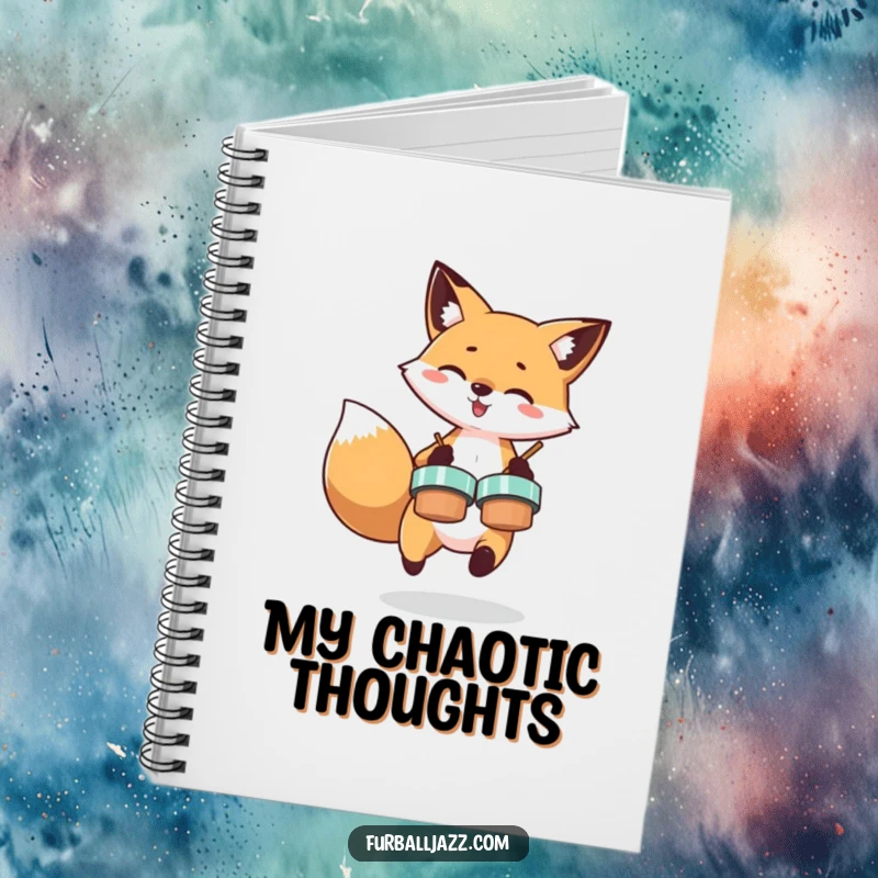 Funny notebook with a fox energetically playing cymbals, perfect for jotting down musical inspirations and humorous thoughts.
