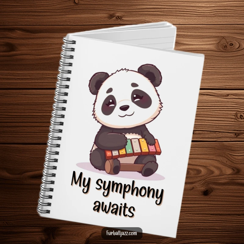 Funny panda notebook cover showing a curious panda happily playing a xylophone, inspiring musical ideas and calm contemplation.