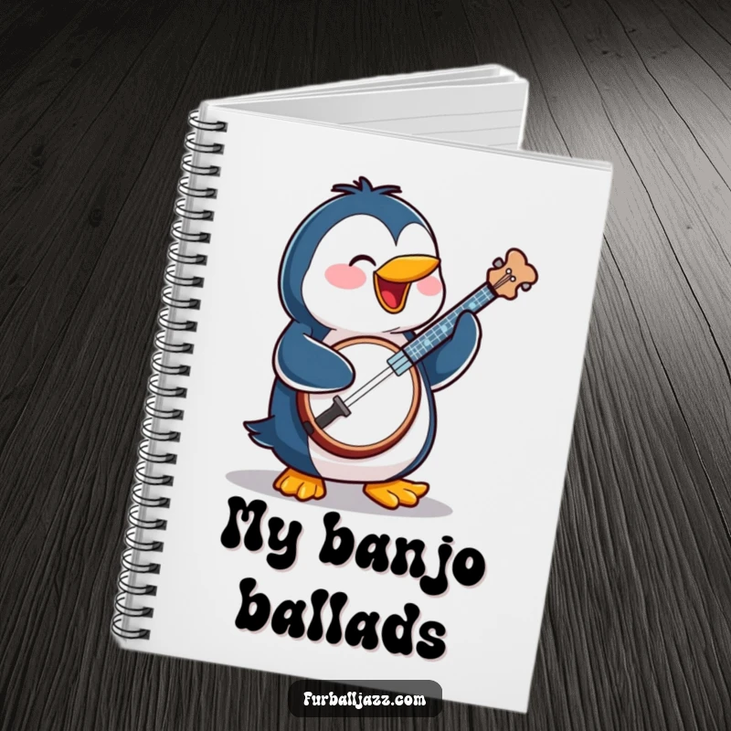 Funny penguin character playing a banjo, featured on a notebook for jotting down musical ideas and notes.