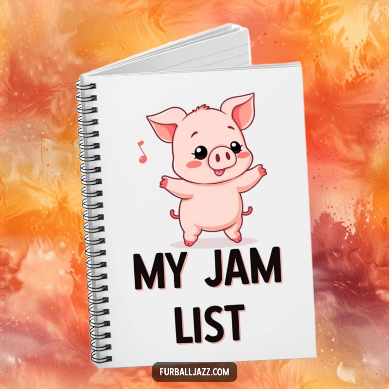Funny Piglet bopping its head to music on the cover of a notebook, ideal for jotting down thoughts.