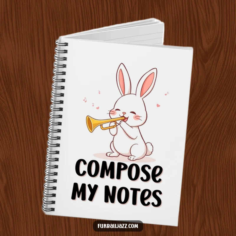 Funny Rabbit Trumpet Notebook with a cheerful rabbit blowing a tune on a trumpet, ideal for jotting down musical ideas or notes.