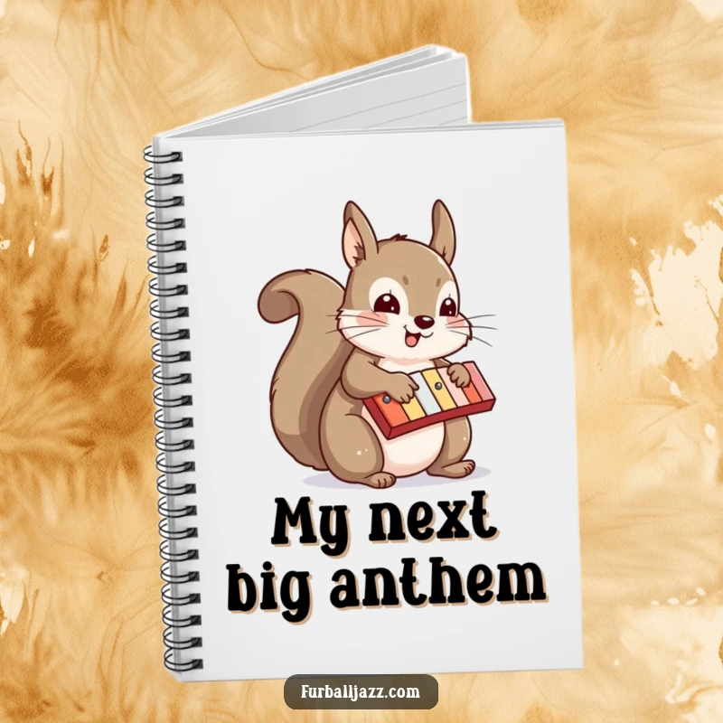 Funny squirrel with a xylophone on a notebook cover, ready to inspire musical thoughts, a funny stationery gift.