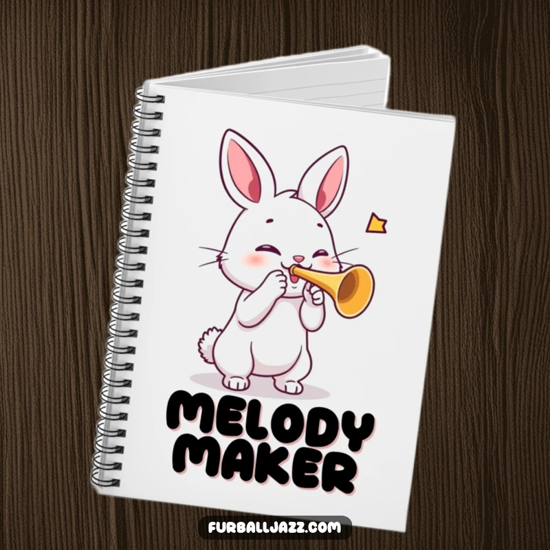 Funny rabbit notebook featuring a rabbit playing a trumpet, ideal for writing melodies, lyrics, or notes with a musical touch.