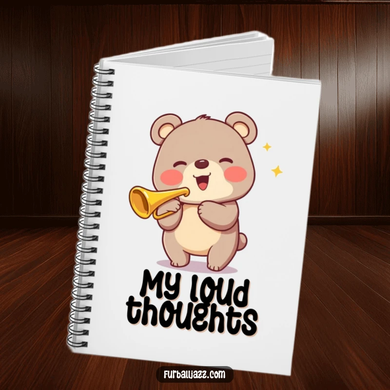Funny Bear Trumpet Notebook with a happy bear playing a gleaming trumpet, perfect for jotting down notes and musical ideas.