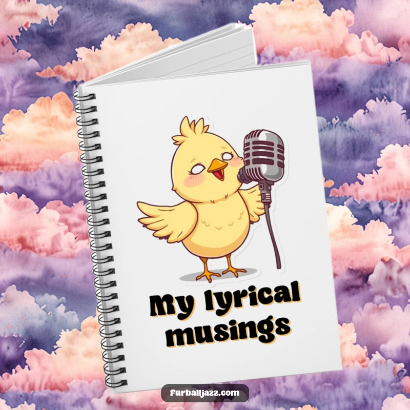 Funny notebook cover with a whimsical bird singing into a vintage microphone, perfect for songwriting and musical inspiration.