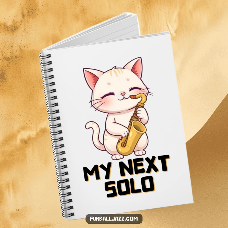 Funny cat notebook featuring a happy cat with closed eyes playing a saxophone, ideal for capturing notes with cool, humorous musical inspiration.
