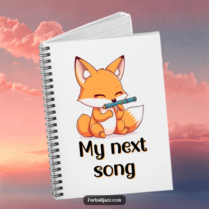 Funny fox in musical reverie, playing clarinet eyes closed, on the cover of a humorous notebook.