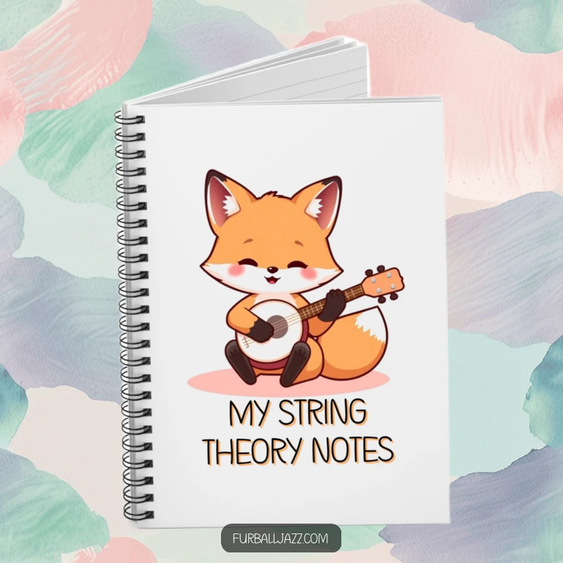 Funny banjo fox notebook with a cheerful fox playing a miniature banjo, ideal for note-taking and creative writing.