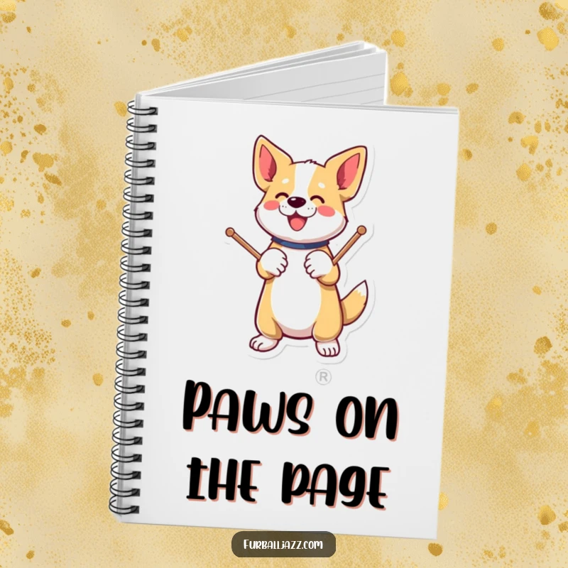 Funny dog energetically tapping drumsticks on a paw on a notebook.