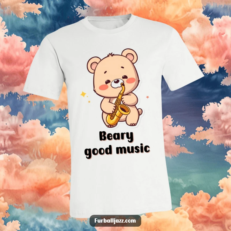 Funny Jazzy Bear T-Shirt: A bear character playing a saxophone with a wide smile, radiating cool jazz vibes.