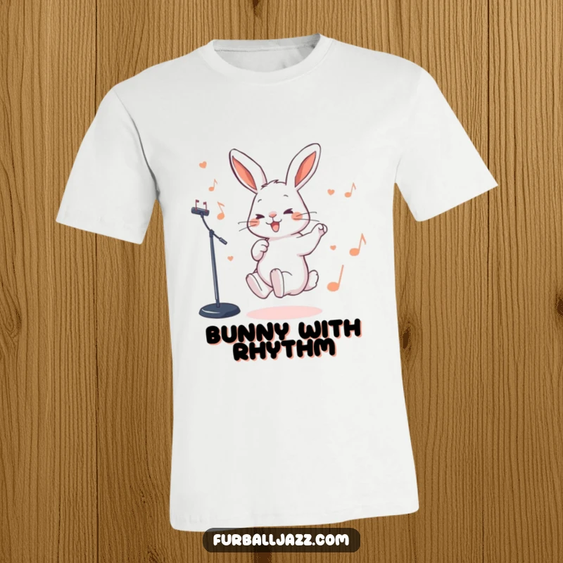 Funny Rabbit T-Shirt featuring a rabbit tapping its foot energetically to a jazz beat, radiating musical joy.