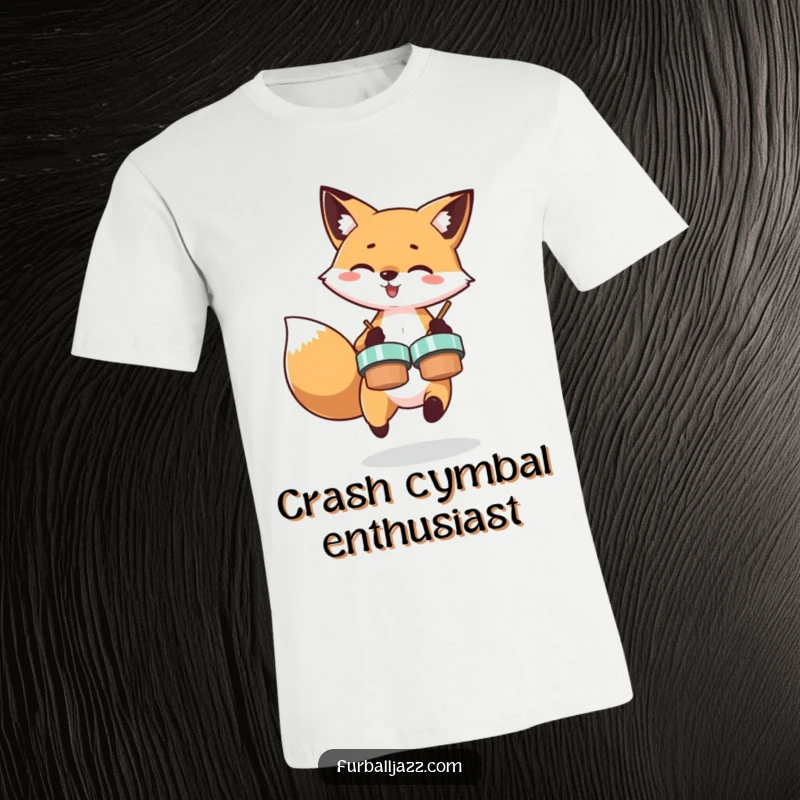 Funny t-shirt displaying a hyperactive fox passionately clashing a pair of cymbals, embodying pure joy and musical exuberance.