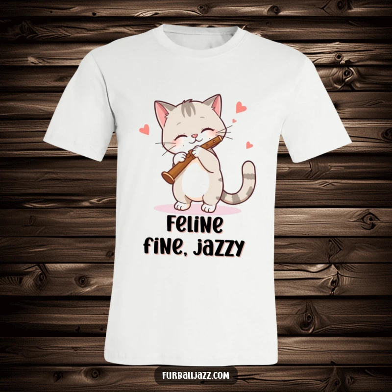 Funny Cat T-Shirt: A sophisticated cat rhythmically playing a clarinet, exuding cool and musical charm. Great funny gift.