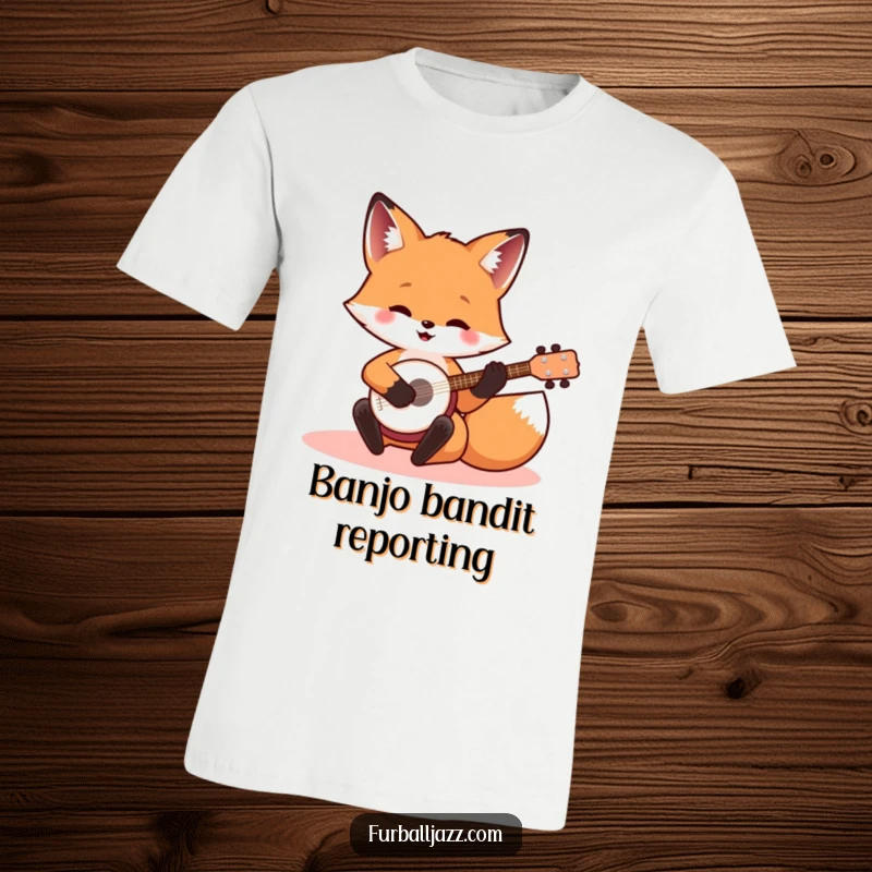 Funny banjo fox t-shirt showing a cheerful fox enthusiastically playing a small banjo, ideal for musicians and pet owners.