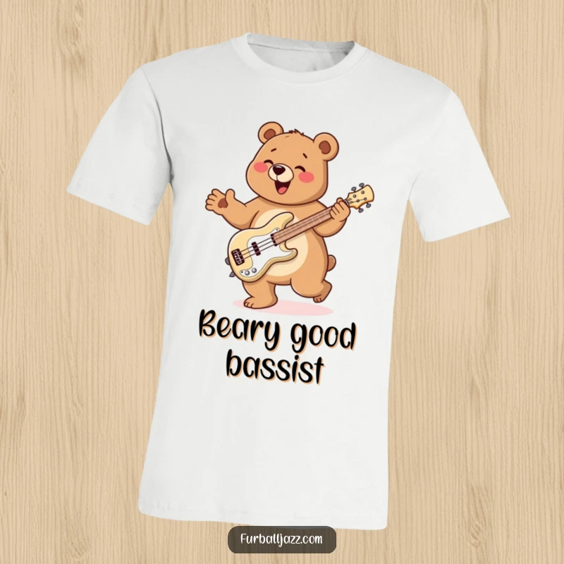 Funny Bear T-Shirt featuring a bear doing a lively jig while playing a bass guitar with infectious energy and happiness.