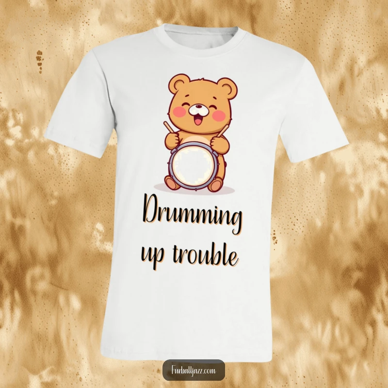 Funny bear character joyfully drumming on a snare drum with drumsticks, a cool and funny t-shirt design.