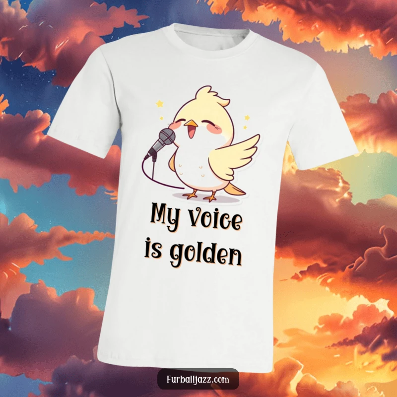 Funny Bird Microphone T-Shirt showing a happy bird singing into a small microphone with great joy, perfect for performers.
